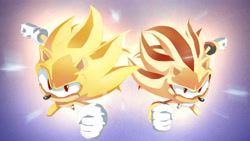 Size: 5120x2880 | Tagged: safe, artist:moxie2d, shadow the hedgehog, sonic the hedgehog, super shadow, super sonic, 2012, clenched fists, duo, flying, gradient background, looking at viewer, mid-air, super form