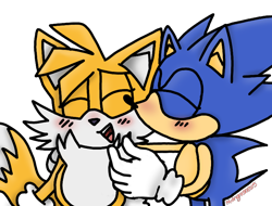 Size: 768x583 | Tagged: safe, artist:midnightskies15, artist:thepointofnorturn15, miles "tails" prower, sonic the hedgehog, blushing, cute, duo, eyes closed, kiss on cheek, shipping, simple background, smile, sonic x tails, standing, transparent background