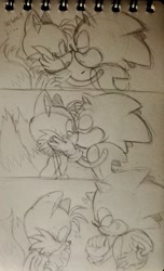 Size: 1169x1920 | Tagged: safe, artist:emilywiccan, miles "tails" prower, sonic the hedgehog, blushing, covering mouth, dialogue, duo, english text, eyes closed, first kiss, gay, heart, kiss, lidded eyes, line art, looking at them, looking down, monochrome, pencilwork, shipping, sketch, smile, sonic x tails, text, traditional media