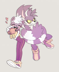 Size: 1280x1543 | Tagged: safe, artist:iikuto, rough the skunk, tangle the lemur, 2019, blushing, clenched teeth, duo, eyes closed, grey background, hands together, heart, mouth open, not shipping, open smile, simple background, smile, standing, wrapped in tail, yellow sclera