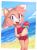 Size: 1280x1710 | Tagged: safe, artist:iikuto, amy rose, hedgehog, 2019, beach, beach outfit, bikini, border, bracelet, clouds, daytime, female, food, gloves off, hat, holding something, ice cream, looking at viewer, mouth open, necklace, ocean, open smile, outdoors, smile, smiling at viewer, solo, standing, sun hat, swimsuit, water, watermelon