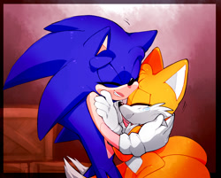 Size: 1280x1029 | Tagged: safe, artist:starrfruit, miles "tails" prower, sonic the hedgehog, sonic forces, 2017, abstract background, border, box, duo, eyes closed, hugging, redraw, smile, standing