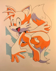 Size: 674x858 | Tagged: safe, artist:tracy yardley, editor:sonic-ray, miles "tails" prower, 2024, barefoot, edit, gloves off, looking at viewer, mouth open, open smile, paws, shoes off, signature, smile, smiling at viewer, socks off, solo, traditional media