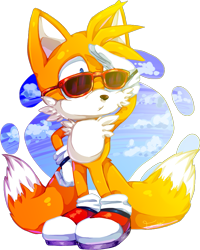 Size: 807x1010 | Tagged: safe, artist:distrobe, miles "tails" prower, 2017, hand on hip, looking offscreen, pout, simple background, solo, standing, sunglasses, transparent background