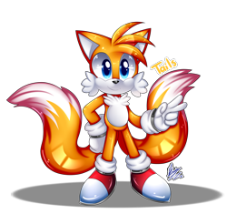 Size: 2500x2345 | Tagged: safe, artist:mimiguerrero, miles "tails" prower, 2017, character name, hand on hip, looking at viewer, shadow (lighting), signature, smile, smiling at viewer, solo, standing, text, v sign, youtube link in description