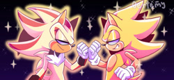 Size: 1280x587 | Tagged: safe, artist:oertemy, shadow the hedgehog, sonic the hedgehog, super shadow, super sonic, sonic adventure 2, 2023, duo, fistbump, flying, lidded eyes, missing accessory, outline, redraw, signature, smile, smiling at each other, space, sparkles, star (sky), super form