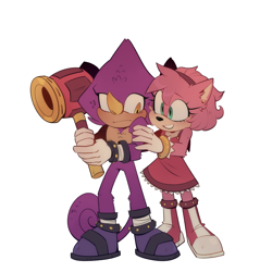 Size: 2953x2953 | Tagged: safe, artist:lanzo000, amy rose, espio the chameleon, 2025, amy x espio, arm fluff, blushing, chest fluff, clenched teeth, duo, ear fluff, frown, head fluff, looking at each other, piko piko hammer, shipping, shoulder fluff, simple background, smile, standing, straight, white background