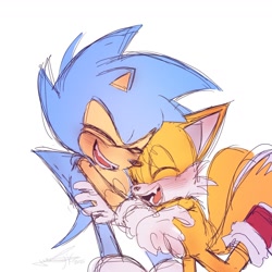 Size: 1360x1360 | Tagged: safe, artist:lunatic_doodles, miles "tails" prower, sonic the hedgehog, 2025, blushing, duo, eyes closed, hugging, mouth open, one fang, open smile, simple background, sketch, smile, standing, white background