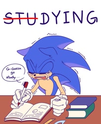Size: 1225x1500 | Tagged: safe, artist:yadi_delulu, sonic the hedgehog, 2025, book, crying, dialogue, ear fluff, english text, eyes closed, floppy ears, holding something, mouth open, pen, ruler, shaking, simple background, sitting, solo, table, tears, tears of pain, text, white background
