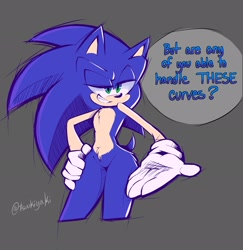 Size: 1993x2048 | Tagged: safe, artist:tsuukiyaki, sonic the hedgehog, 2025, curvy, dialogue, english text, grey background, hand on hip, lidded eyes, looking offscreen, signature, simple background, smile, solo, speech bubble, standing, stupid sexy sonic, talking, text