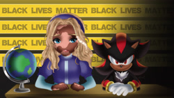Size: 4487x2524 | Tagged: safe, artist:samaradraws, maria robotnik, shadow the hedgehog, human, 2025, black lives matter, dark skin, duo, english text, globe, lineless, looking at viewer, table, text, vitiligo