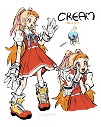 Size: 1457x1841 | Tagged: safe, artist:kiioki11, cheese (chao), cream the rabbit, chao, human, character name, duo, english text, humanized, looking offscreen, mouth open, neutral chao, open smile, simple background, smile, standing, text, white background