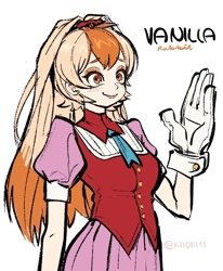 Size: 786x952 | Tagged: safe, artist:kiioki11, vanilla the rabbit, human, character name, humanized, looking offscreen, simple background, smile, solo, standing, text, waving, white background