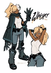 Size: 1454x2048 | Tagged: safe, artist:kiioki11, whisper the wolf, human, arms behind head, character name, dark skin, eyes closed, humanized, looking at viewer, signature, simple background, solo, standing, text, white background