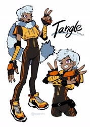 Size: 1460x2048 | Tagged: safe, artist:kiioki11, tangle the lemur, human, backwards v sign, character name, clenched teeth, double v sign, humanized, looking offscreen, mouth open, open smile, scarf, signature, smile, solo, standing, text, v sign, wink