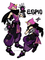 Size: 1528x2048 | Tagged: safe, artist:kiioki11, espio the chameleon, human, character name, clenched teeth, humanized, looking offscreen, ninja outfit, ninja star, scarf, shuriken, signature, simple background, solo, standing, text, white background