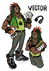 Size: 1415x2048 | Tagged: safe, artist:kiioki11, vector the crocodile, human, arms folded, character name, dark skin, humanized, looking at viewer, looking offscreen, signature, simple background, smile, solo, standing, text, white background