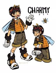 Size: 1350x1774 | Tagged: safe, artist:kiioki11, charmy bee, human, bandaid, belt, character name, gilet, humanized, looking offscreen, missing tooth, mouth open, open smile, pout, shirt, shorts, signature, simple background, smile, solo, standing, text, white background