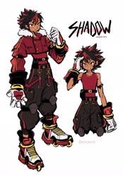 Size: 1425x2048 | Tagged: safe, artist:kiioki11, shadow the hedgehog, human, belt, character name, clenched teeth, frown, hand on head, humanized, jacket, looking offscreen, pants, shirt, signature, simple background, solo, standing, tan skin, text, white background