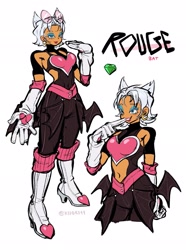 Size: 1525x2048 | Tagged: safe, artist:kiioki11, rouge the bat, human, belly button, chaos emerald, character name, clenched teeth, eyewear on head, humanized, looking offscreen, signature, simple background, smile, solo, standing, sunglasses, tan skin, text, white background