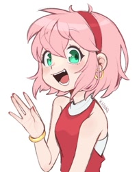 Size: 759x936 | Tagged: safe, artist:kiioki11, amy rose, human, blushing, clothes, dress, ear piercing, earring, eye clipping through hair, eyebrow clipping through hair, eyebrows clipping through hair, eyes clipping through hair, gloves off, humanized, mouth open, nails, open smile, painted fingernails, signature, simple background, smile, smiling at viewer, solo, waving, white background