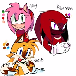 Size: 2048x2048 | Tagged: safe, artist:peachblossomlotion, amy rose, knuckles the echidna, miles "tails" prower, 2025, alternate universe, au:hibiscus, blushing, character name, color palette, cute, dark skin, fur markings, looking offscreen, mouth open, one fang, open smile, simple background, smile, smiling at viewer, text, trio, white background