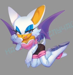 Size: 692x712 | Tagged: safe, artist:dinrutherforddealer, rouge the bat, 2024, grey background, head rest, lidded eyes, obtrusive watermark, signature, simple background, smile, smiling at viewer, solo, watermark