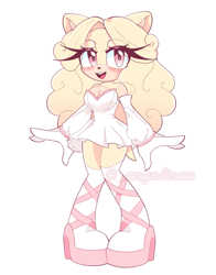 Size: 801x1020 | Tagged: safe, artist:ange1inaa, oc, oc:angie the hedgehog, hedgehog, 2024, cleavage, clothes, dress, eye clipping through hair, gloves, hair, long gloves, long hair, mouth open, oc only, open smile, pink eyes, shoes, signature, simple background, smile, socks, solo, standing, stockings, white background, yellow fur