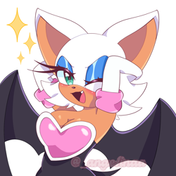 Size: 1080x1080 | Tagged: safe, artist:ange1inaa, rouge the bat, 2024, blushing, cleavage, cute, hands behind head, mouth open, one eye closed, one fang, open smile, rougabetes, signature, simple background, smile, smiling at viewer, solo, sparkles, standing, white background, wink, winking at viewer