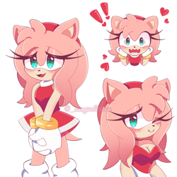Size: 1080x1080 | Tagged: safe, artist:ange1inaa, amy rose, hedgehog, 2024, amybetes, blushing, cleavage, clothes, cute, exclamation mark, hair, hands on own face, hands together, heart, long hair, looking offscreen, mouth open, open smile, signature, simple background, smile, smiling at viewer, solo, standing, white background, wink, winking at viewer