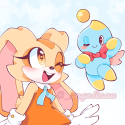 Size: 1080x1080 | Tagged: safe, artist:ange1inaa, cheese (chao), cream the rabbit, chao, 2024, blushing, cheeseabetes, creamabetes, cute, duo, flying, looking at each other, mid-air, mouth open, neutral chao, open smile, signature, simple background, smile, standing, wink, winking at each other, winking at them