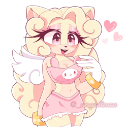 Size: 1080x1080 | Tagged: safe, artist:ange1inaa, oc, oc:angie the hedgehog, hedgehog, 2024, belly button, blushing, cleavage, clothes, cosplay, crossover, cute, gloves, heart, looking offscreen, midriff, mouth open, my melody, oc only, ocbetes, open smile, pijamas, sanrio, signature, simple background, smile, solo, standing, white background, wings