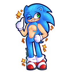 Size: 1500x1500 | Tagged: safe, artist:riidrawings, sonic the hedgehog, 2025, clenched teeth, cute, hand on hip, looking offscreen, simple background, smile, solo, sonabetes, sparkles, standing, thumbs up, top surgery scars, trans boy sonic, trans male, transgender, transparent background, wink