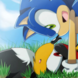 Size: 600x600 | Tagged: safe, artist:msn1412, shadow the hedgehog, sonic the hedgehog, 2013, abstract background, daytime, duo, fake screenshot, gay, grass, looking at each other, mouth open, outdoors, shadow x sonic, shipping, sonic x, sonic x style