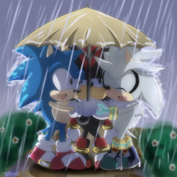 Size: 1000x1000 | Tagged: safe, artist:msn1412, shadow the hedgehog, silver the hedgehog, sonic the hedgehog, 2013, :|, abstract background, chibi, cute, eyes closed, flower, grass, holding something, lidded eyes, looking at each other, looking at viewer, mouth open, open smile, outdoors, rain, shadow is not amused, smile, standing, trio, umbrella, unamused