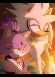 Size: 1000x1400 | Tagged: safe, artist:msn1412, blaze the cat, silver the hedgehog, sonic the hedgehog (2006), 2013, abstract background, border, duo, fake screenshot, frown, holding arm, injured, looking offscreen, mouth open, one eye closed, outdoors, sonic x, sonic x style, standing, youtube link in description