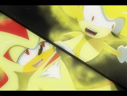 Size: 960x720 | Tagged: safe, artist:msn1412, shadow the hedgehog, sonic the hedgehog, super shadow, super sonic, sonic adventure 2, 2013, abstract background, duo, fake screenshot, falling, flying, lidded eyes, looking at each other, mid-air, mouth open, shrunken pupils, space, star (sky), super form