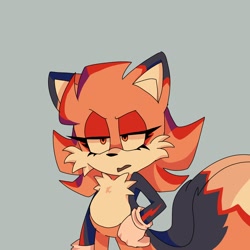 Size: 2048x2048 | Tagged: safe, artist:tails_s, oc, fox, 2025, angry, fankid, grey background, hand on hip, lidded eyes, looking offscreen, magical gay spawn, mouth open, oc only, parent:shadow, parent:tails, parents:shadails, simple background, solo, standing, two tails
