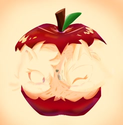 Size: 1439x1469 | Tagged: safe, artist:soft234ri, tangle the lemur, whisper the wolf, 2025, apple, apple (meme), apple core, duo, gradient background, head only, lesbian, meme, shipping, tangle x whisper