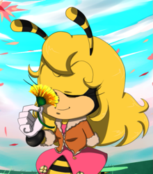 Size: 635x722 | Tagged: safe, artist:lmsr, saffron bee, bee, 2012, abstract background, aviator jacket, clothes, clouds, daytime, dress, eyes closed, flower, hair, holding something, jacket, leaf, outdoors, smile, sniffing, solo