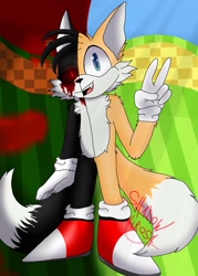 Size: 733x1024 | Tagged: safe, artist:shadowhirosh, miles "tails" prower, oc, oc:tails.exe, green hill zone, 2019, abstract background, black sclera, bleeding, bleeding from eyes, blood, claws, daytime, frown, grass, looking at viewer, mouth open, one fang, open smile, outdoors, signature, smile, solo, standing, two sides, v sign