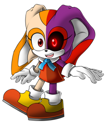 Size: 1730x2060 | Tagged: safe, artist:jaizkoyz, cream the rabbit, oc, oc:cream.exe, 2019, black sclera, glowing eyes, mouth open, open smile, simple background, smile, smiling at viewer, solo, standing, transparent background, two sides