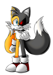 Size: 1432x2014 | Tagged: safe, artist:jaizkoyz, miles "tails" prower, oc, oc:tails.exe, 2019, black sclera, clenched fists, clenched teeth, crying, duo, glowing eyes, looking offscreen, sharp teeth, simple background, standing, tears, tears of fear, transparent background, two sides