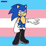 Size: 600x600 | Tagged: safe, artist:prettylittlepsycho20, sonic the hedgehog, 2025, boots, flat colors, gloves, lidded eyes, long gloves, picrew, pride, pride flag, pride flag background, signature, smile, solo, trans male, trans pride, transgender