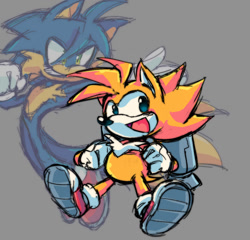 Size: 1082x1038 | Tagged: safe, artist:jojoleafy1234, miles "tails" prower, sonic the hedgehog, fox, hedgehog, 2025, backpack, duo, grey background, jetpack, simple background, sketch, smile, species swap