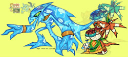 Size: 2272x1019 | Tagged: safe, artist:jojoleafy1234, chaos, tikal, 2025, dark skin, duo, ghost, redesign, reference inset, simple background, standing, yellow background