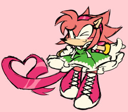 Size: 1280x1119 | Tagged: safe, artist:jojoleafy1234, amy rose, 2025, :>, amybetes, blushing, boots, clothes, cute, dress, flat colors, heart, hoodie, pink background, redesign, ribbon, shoelaces, simple background, smile, smiling at viewer, solo, standing, wink