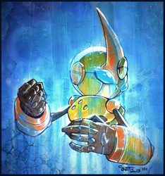 Size: 713x763 | Tagged: safe, artist:sanitrance, emerl, 2013, abstract background, clenched fist, looking offscreen, robot, signature, solo