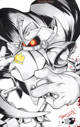 Size: 750x1187 | Tagged: safe, artist:sanitrance, 2017, black and white, glowing eyes, heavy king, looking at viewer, monochrome, robot, signature, solo, spot color