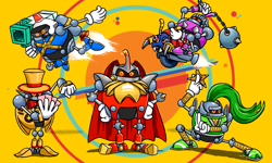 Size: 2000x1200 | Tagged: safe, artist:shf1, moto bug, sonic mania, 2020, abstract background, badnik, card, flying, group, gun, hardboiled heavies, heavy gunner, heavy king, heavy magician, heavy rider, heavy shinobi, holding something, mid-air, missile launcher, ninja star, robot, standing, weapon